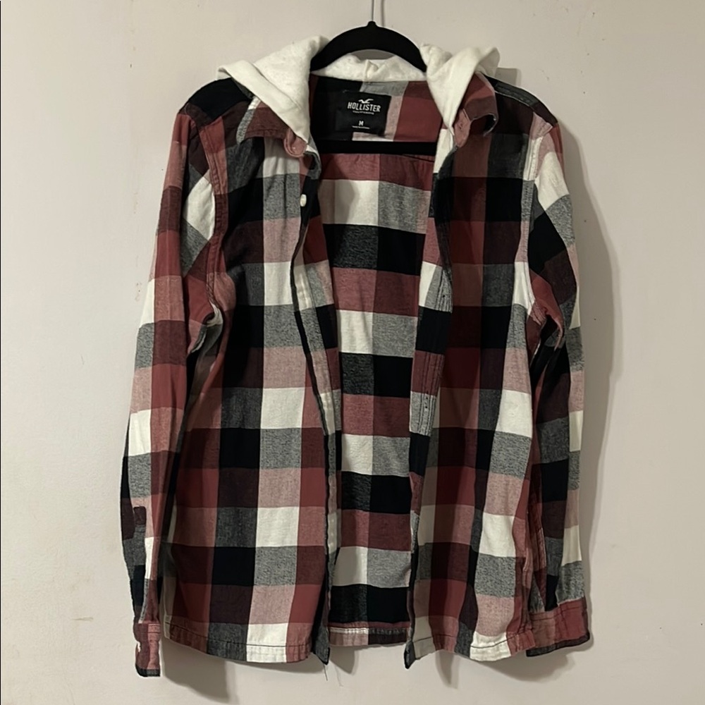 Hollister Pink and Black Plaid Shirt with Hood